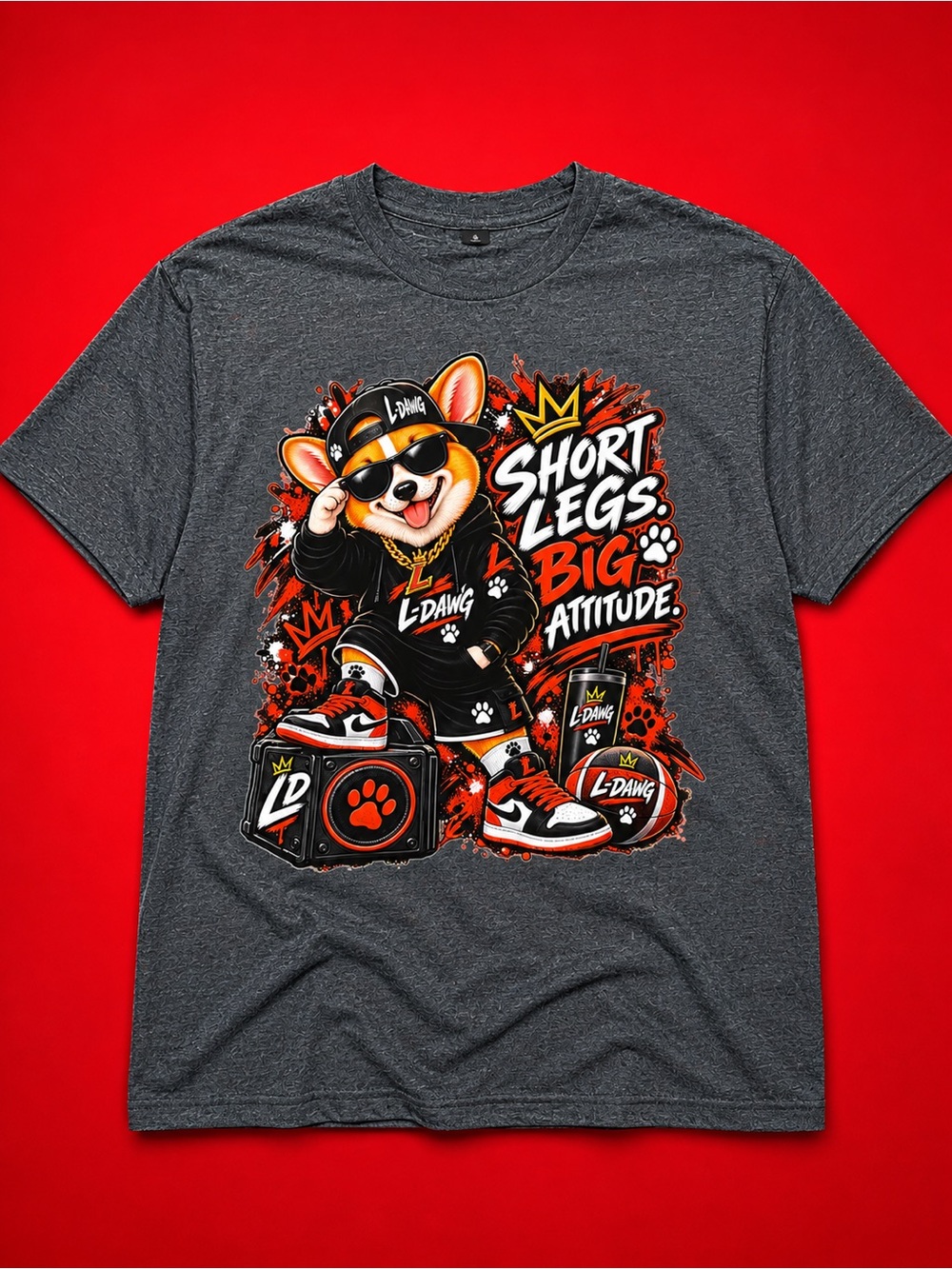 Corgi Short Legs Big Attitude Gray Graphic Dog Tee - Red Accent. Adult UniSex